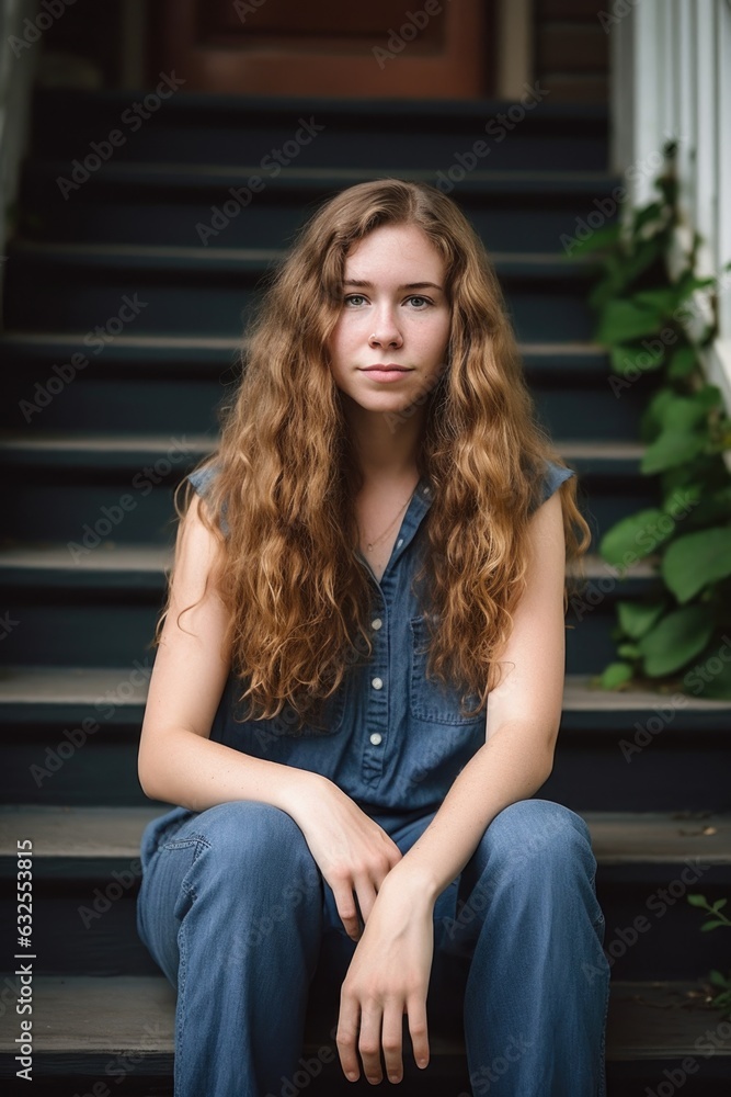 portrait of a woman in her twenties standing on steps outside