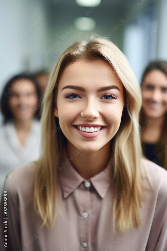 portrait of an enthusiastic young girl standing in front of a group of smiling colleagues