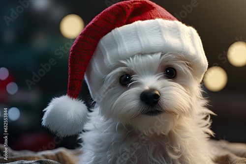 christmas dog in santa claus hat © PinkiePie