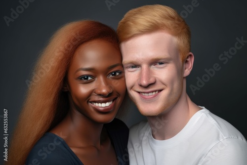 portrait of a happy interracial couple standing together against a gray background