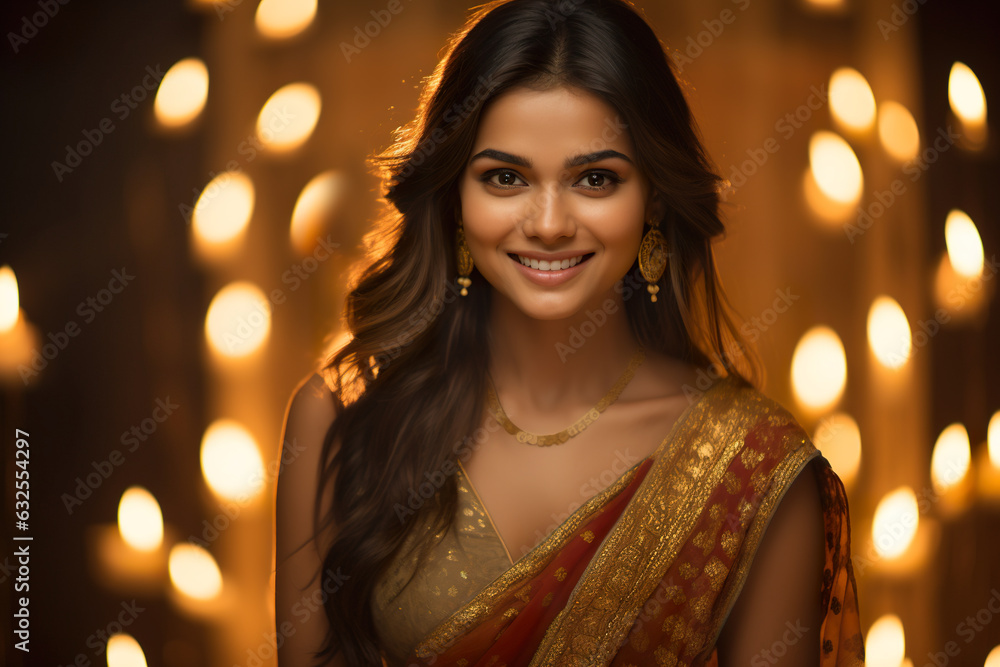 Portrait of a Indian ethnic female in the background of Diwali festival Portrait of a Indian ethnic female in the background of Diwali festival