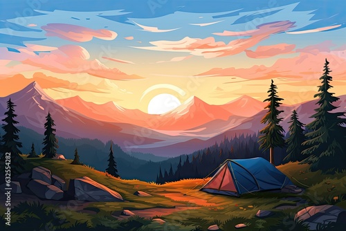 spring sunset camping in mountains