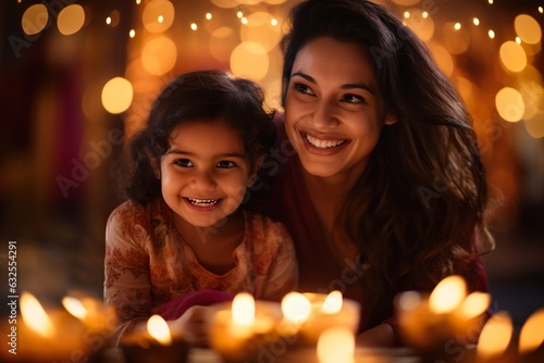 Happy smiling Indian ethnic young mother and daughter celebrating Diwali festival with lights