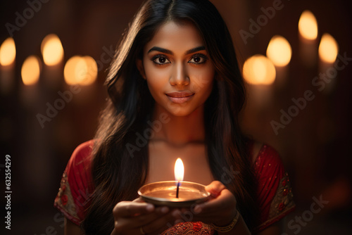 Young Indian ethnic female holding diya on occasion of Diwali celeberation
