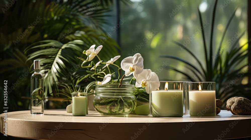 Composition showing a spa treatment with a burning candle, zen stones, rolls of towels, a massage stone, essential oils and an empty space where the product can be displayed. Composition showing a spa treatment with a burning candle, zen stones, rolls of towels, a massage stone, essential oils and an empty space where the product can be displayed.