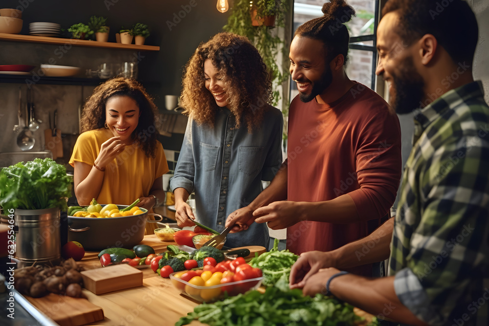 Veganuary: Joyful Group Preparing and Sharing Vegan Meal in Modern Kitchen