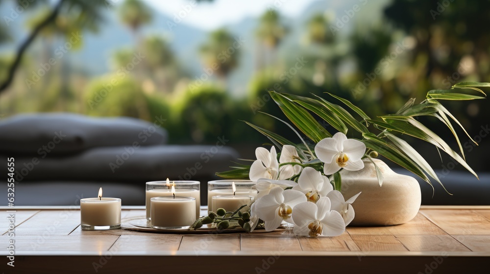 Composition showing a spa treatment with a burning candle, zen stones, rolls of towels, a massage stone, essential oils and an empty space where the product can be displayed. Composition showing a spa treatment with a burning candle, zen stones, rolls of towels, a massage stone, essential oils and an empty space where the product can be displayed.