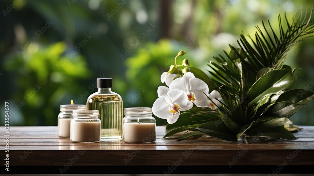 Composition showing a spa treatment with a burning candle, zen stones, rolls of towels, a massage stone, essential oils and an empty space where the product can be displayed. Composition showing a spa treatment with a burning candle, zen stones, rolls of towels, a massage stone, essential oils and an empty space where the product can be displayed.