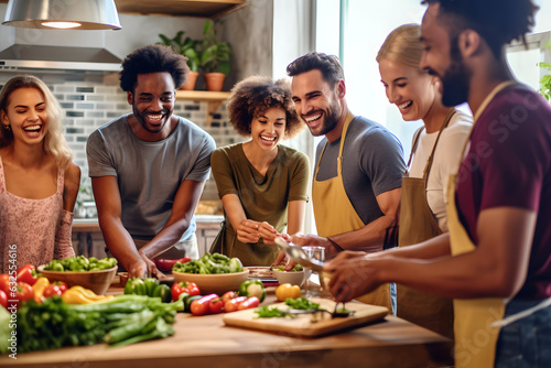 Veganuary: Joyful Group Preparing and Sharing Vegan Meal in Modern Kitchen