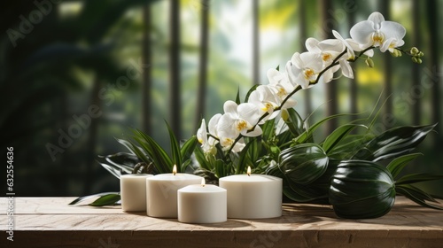 Wallpaper Mural Composition showing a spa treatment with a burning candle, zen stones, rolls of towels, a massage stone, essential oils and an empty space where the product can be displayed. Torontodigital.ca