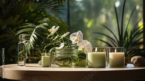 Composition showing a spa treatment with a burning candle, zen stones, rolls of towels, a massage stone, essential oils and an empty space where the product can be displayed.