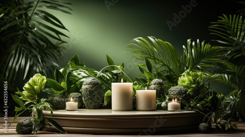 Composition showing a spa treatment with a burning candle, zen stones, rolls of towels, a massage stone, essential oils and an empty space where the product can be displayed.