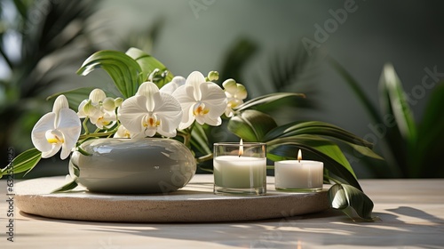 Spa composition with beauty treatment burning candle  zen stones  rolled towels and natural palm leaves massage stones  essential oil  Nature background with empty space for product presentation