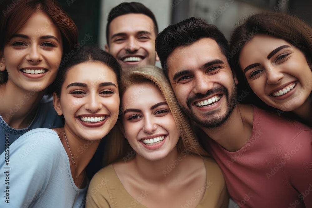 portrait of a group of smiling people with their arms around each other