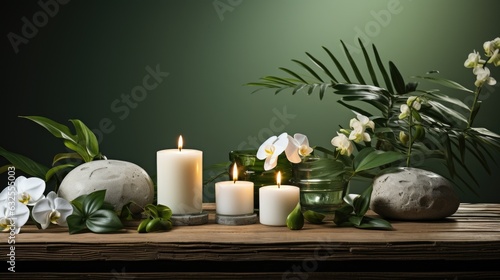 Spa composition with beauty treatment burning candle, zen stones, rolled towels and natural palm leaves massage stones, essential oil Nature background with empty space for product presentation