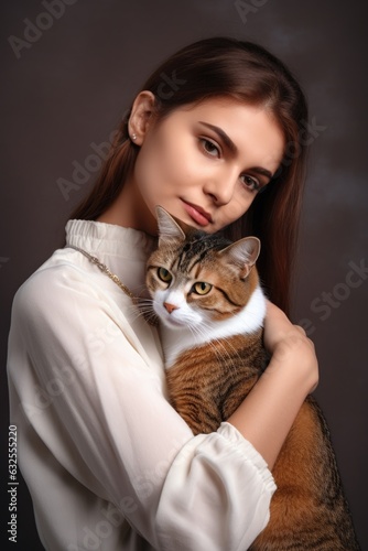 shot of a young woman holding her cat against a studio background