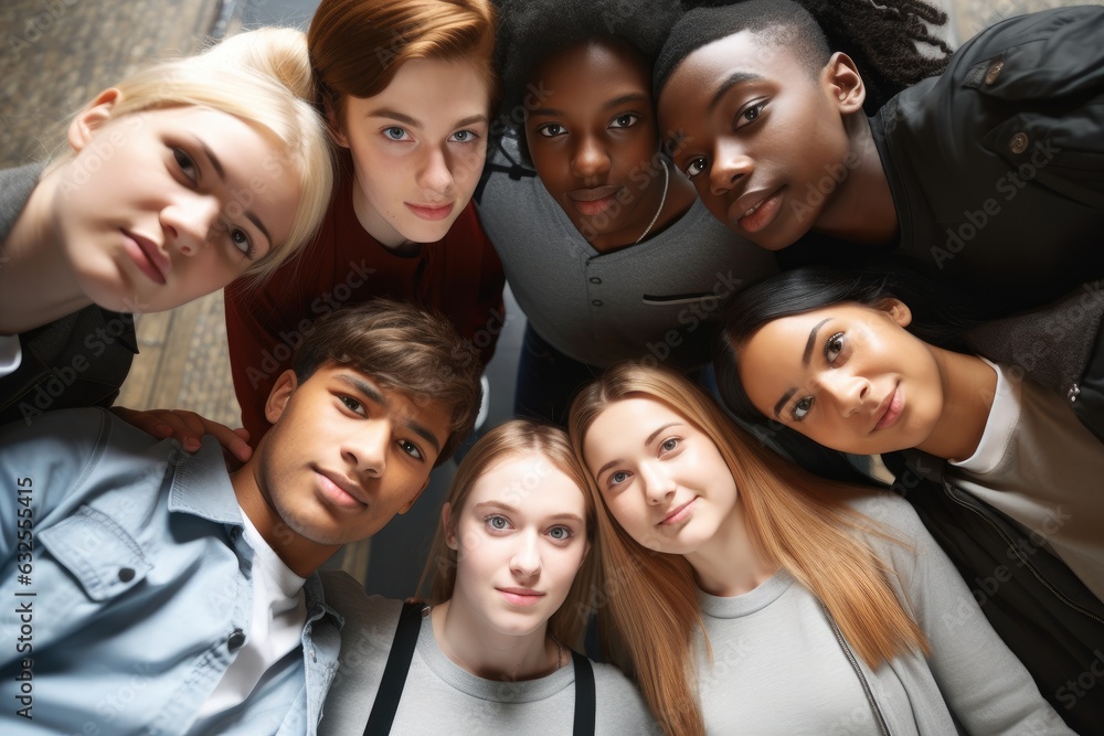 high angle portrait of a group of students standing in a huddle high angle portrait of a group of students standing in a huddle
