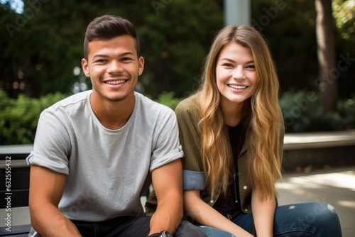 portrait of two smiling students sitting outside on campus