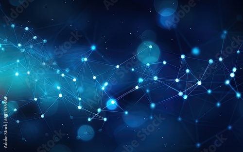 Concept of Network. Abstract futuristic technology with polygonal shapes on dark blue background. Connection technologies backdrop. Created with Generative AI technology.