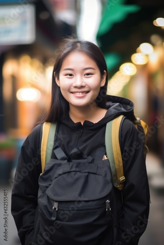 young asian woman standing with a backpack and smiling at you © altitudevisual
