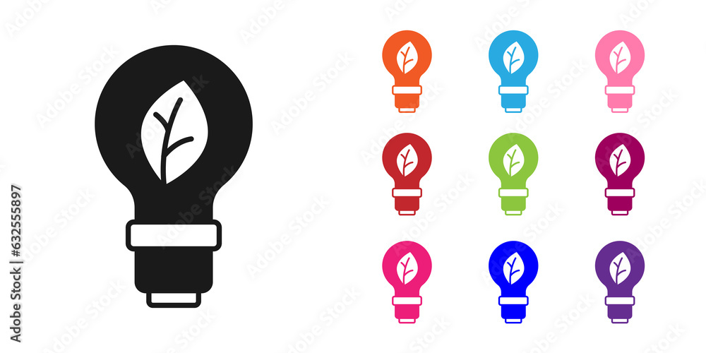 Black Light bulb with leaf icon isolated on white background. Eco energy concept. Alternative energy concept. Set icons colorful. Vector Black Light bulb with leaf icon isolated on white background. Eco energy concept. Alternative energy concept. Set icons colorful. Vector
