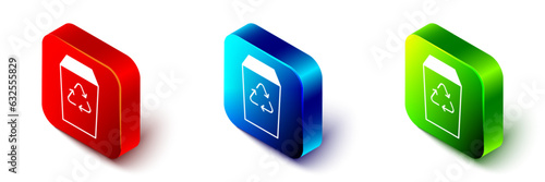 Isometric Recycle bin with recycle symbol icon isolated on white background. Trash can icon. Garbage bin sign. Recycle basket sign. Red, blue and green square button. Vector