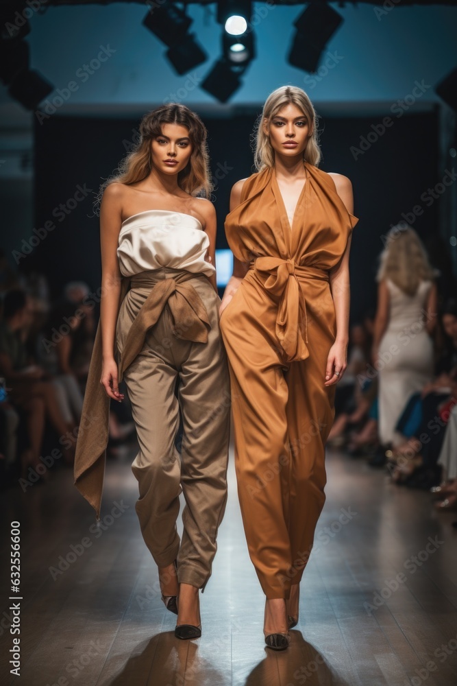 shot of two fashion models showing off their clothing on a runway