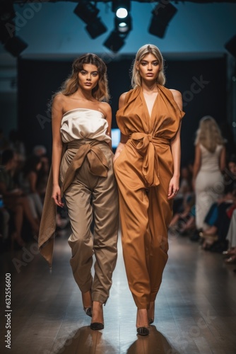 shot of two fashion models showing off their clothing on a runway