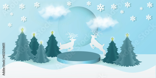 snow or christmas themed podium background with christmas tree and snow and reindeer
