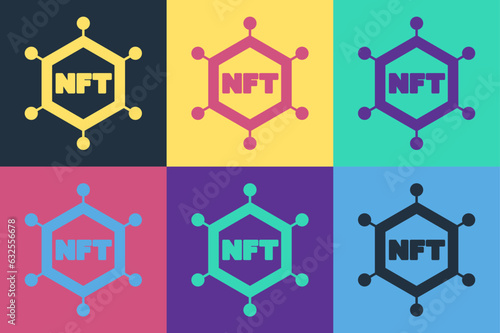 Pop art NFT blockchain technology icon isolated on color background. Non fungible token. Digital crypto art concept. Vector