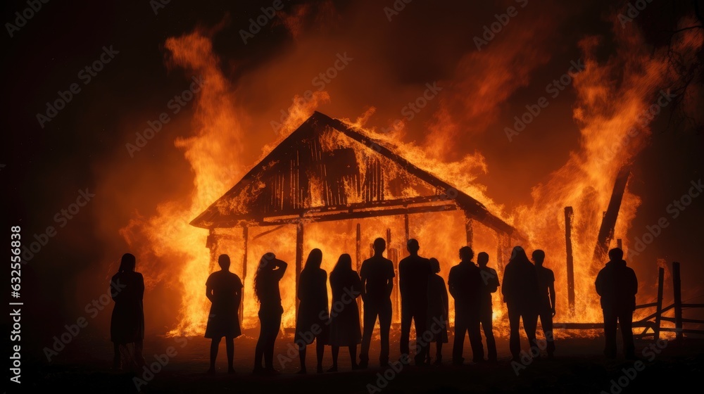 Silhouetted people amidst a towering inferno at night
