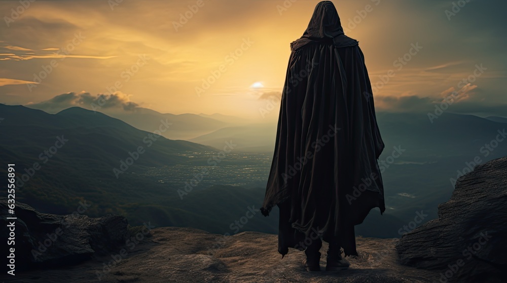 Silhouette of a medieval traveler standing on a mountain wearing a hooded cloak - obrazy, fototapety, plakaty 