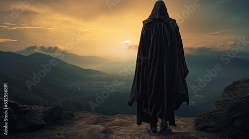 Silhouette of a medieval traveler standing on a mountain wearing a hooded cloak photo
