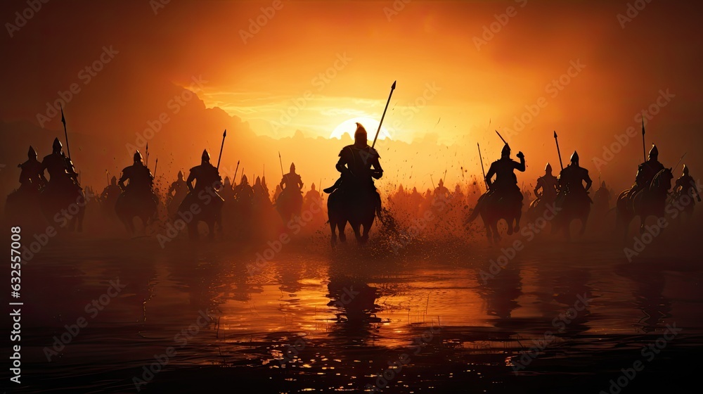 Warriors on foggy sunset background fighting in a medieval battle scene with cavalry and infantry