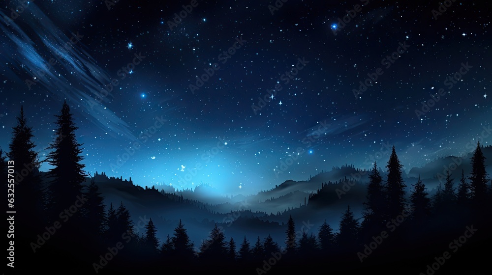 Nighttime forest landscape with a closeup of the Orion constellation amid a starry sky