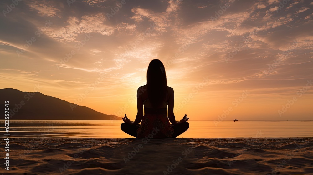 Woman practicing mantra yoga meditation outdoors on the beach at sunset achieving peaceful relaxation and spiritual well being Woman practicing mantra yoga meditation outdoors on the beach at sunset achieving peaceful relaxation and spiritual well being