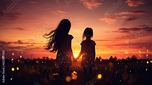 Two young sisters in front of a stunning sunset sky s silhouette