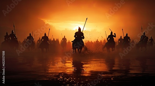 Obraz na płótnie Warriors on foggy sunset background fighting in a medieval battle scene with cavalry and infantry w salonie