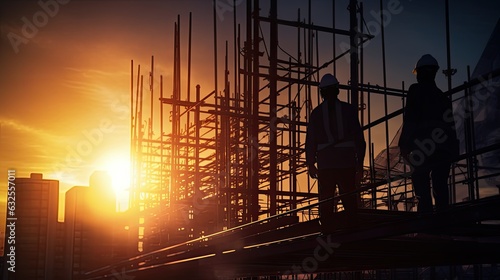 Blurred construction site with silhouette of engineer and construction worker on scaffold