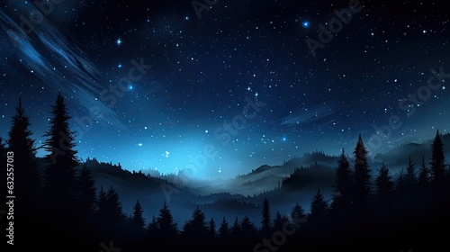 Nighttime forest landscape with a closeup of the Orion constellation amid a starry sky