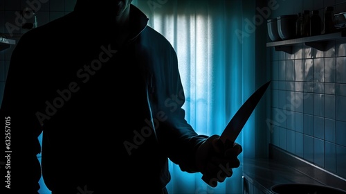Man holding knife through frosted glass criminal or intruder photo