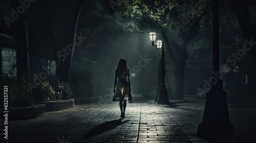 A single young woman walking home in a dark park at night feeling scared and surrounded by a gloomy atmosphere as seen from behind