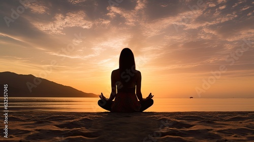 Woman practicing mantra yoga meditation outdoors on the beach at sunset achieving peaceful relaxation and spiritual well being © HN Works