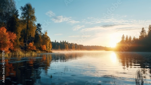 Autumn river landscape in Belarus or European part of Russia at sunset with sun shining over blue water at sunrise Nature on a sunny morning with woods and orange foliage o