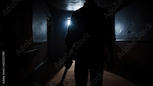 Dark hallway with man holding axe creates terrifying murder scenes