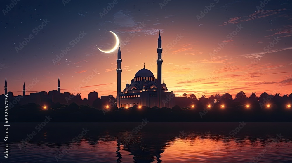 Islamic night with a mosque silhouette against a sunset sky moonlit and holy ambiance depicted in an Islamic wallpaper