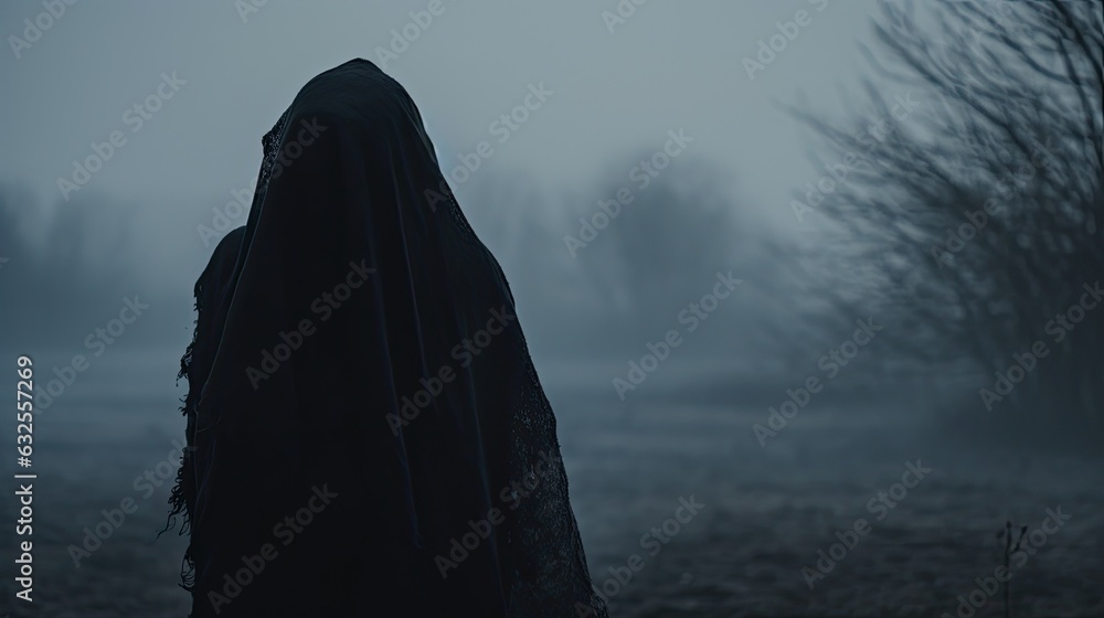 A figure with a hood facing away from the camera peering through mist on a cold countryside winter day A figure with a hood facing away from the camera peering through mist on a cold countryside winter day