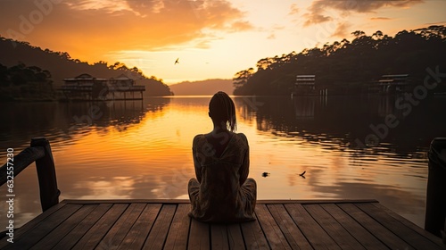 Woman sitting on dock at sunset on Lake Bunyonyi Uganda Africa in a tranquil scene