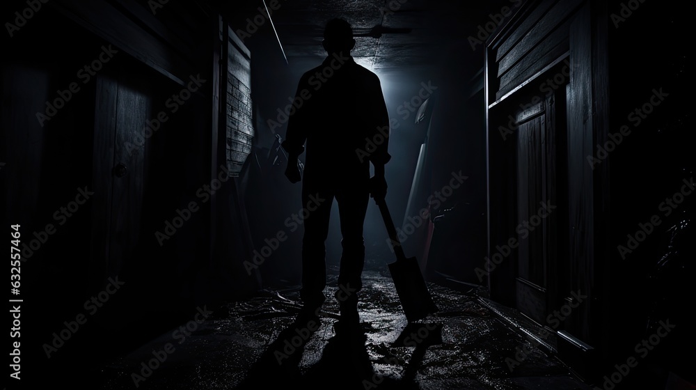 Dark hallway with man holding axe creates terrifying murder scenes
