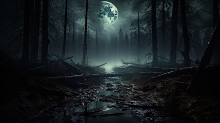 Mysterious forest with a moonlit path fog and a Halloween backdrop hint